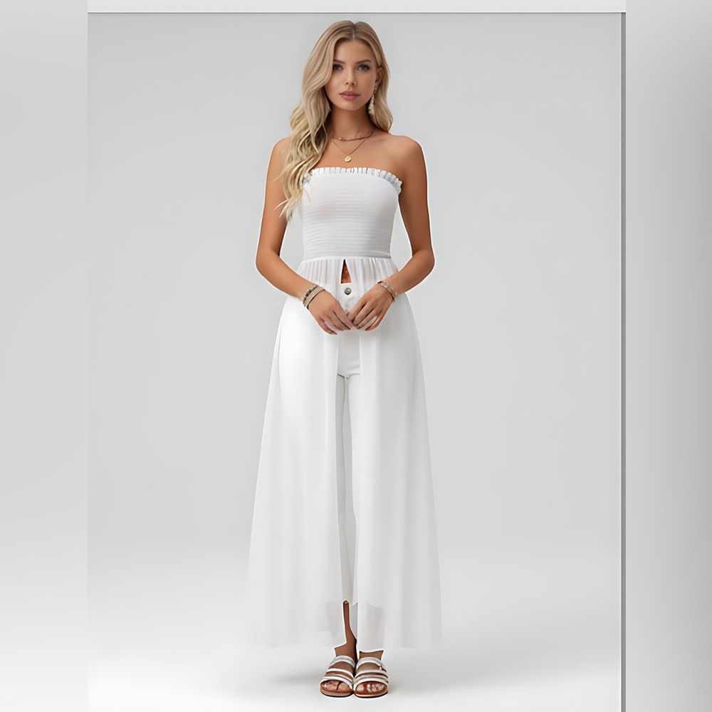 Shirred Top Long  Chiffon Blouse With Slit White